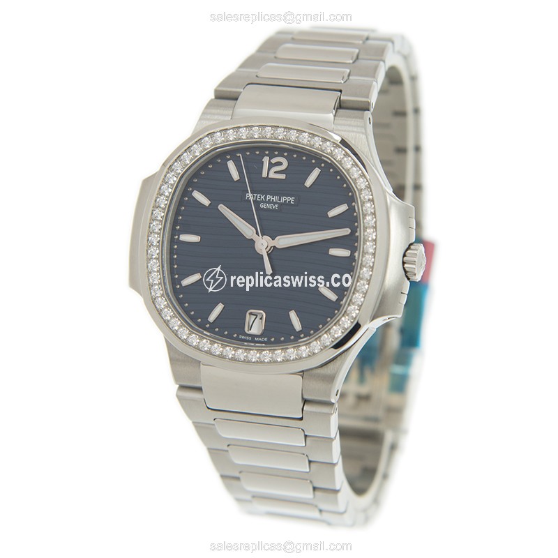 Patek Philippe 7118/1200A-001 Replica - Automatic - Blue Dial - Diamond Case - Silver Steel Strap - View 3