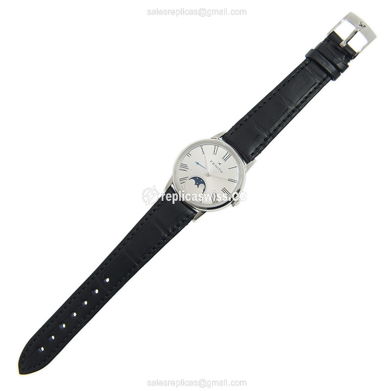 Zenith Elite Replica - Automatic - Stainless Steel - White Dial, Black Alligator Strap - View 2