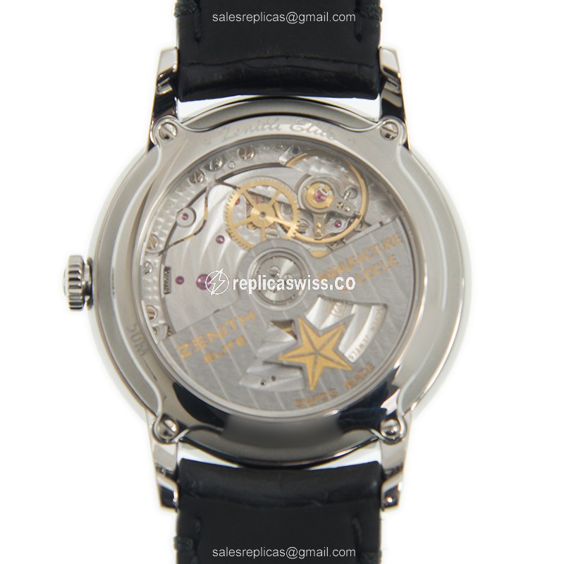 Zenith Elite Replica - Automatic - Stainless Steel - White Dial, Black Alligator Strap - View 3