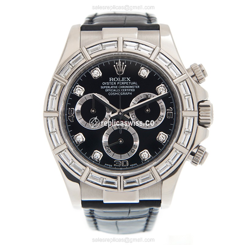 Rolex Daytona Replica - Automatic - 18kt White Gold - Diamond Bezel - Black Dial - Alligator Strap - View 2
