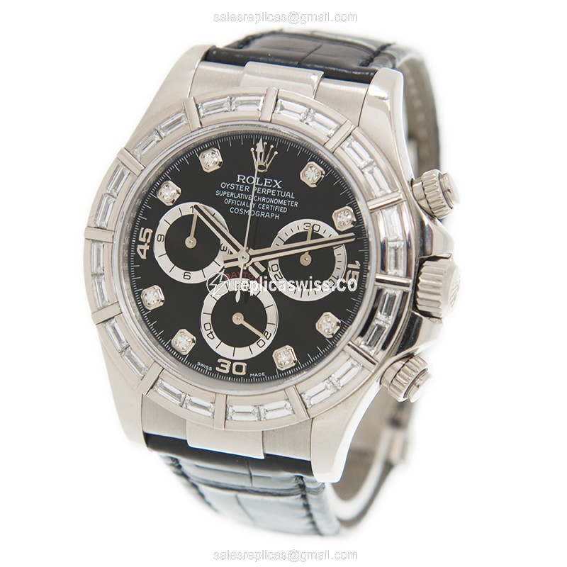 Rolex Daytona Replica - Automatic - 18kt White Gold - Diamond Bezel - Black Dial - Alligator Strap - View 3