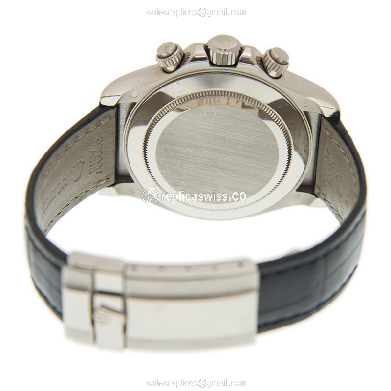 Rolex Daytona Replica - Automatic - 18kt White Gold - Diamond Bezel - Black Dial - Alligator Strap - View 4