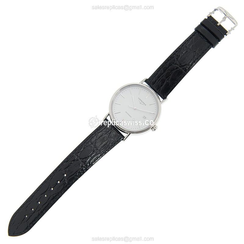 Longines Presence Replica - Automatic - Steel Case - White Dial on Black Leather Strap - View 2