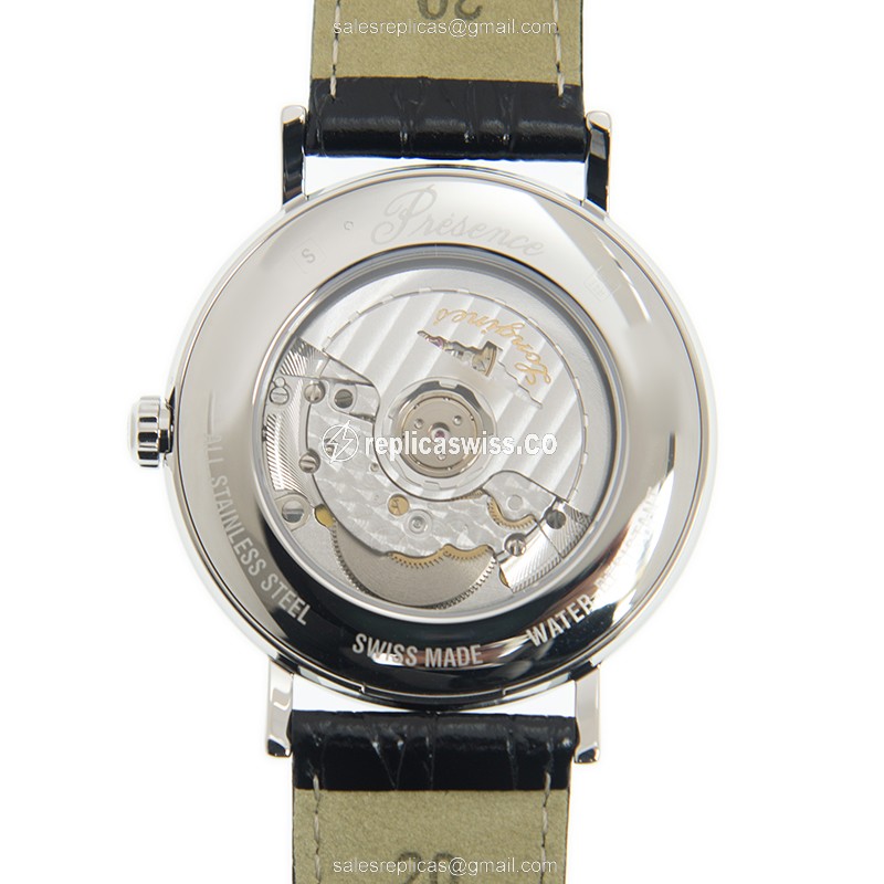 Longines Presence Replica - Automatic - Steel Case - White Dial on Black Leather Strap - View 3