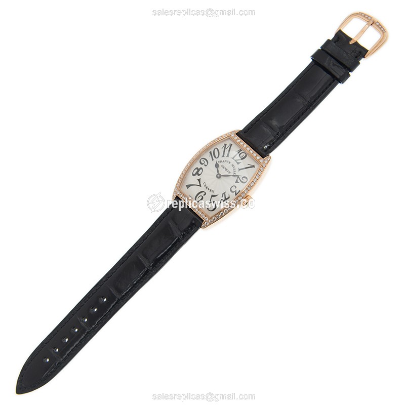 Franck Muller 2852 QZ D 1R Replica - Quartz - 18kt Rose Gold Case - White Dial on Black Alligator Strap - View 2