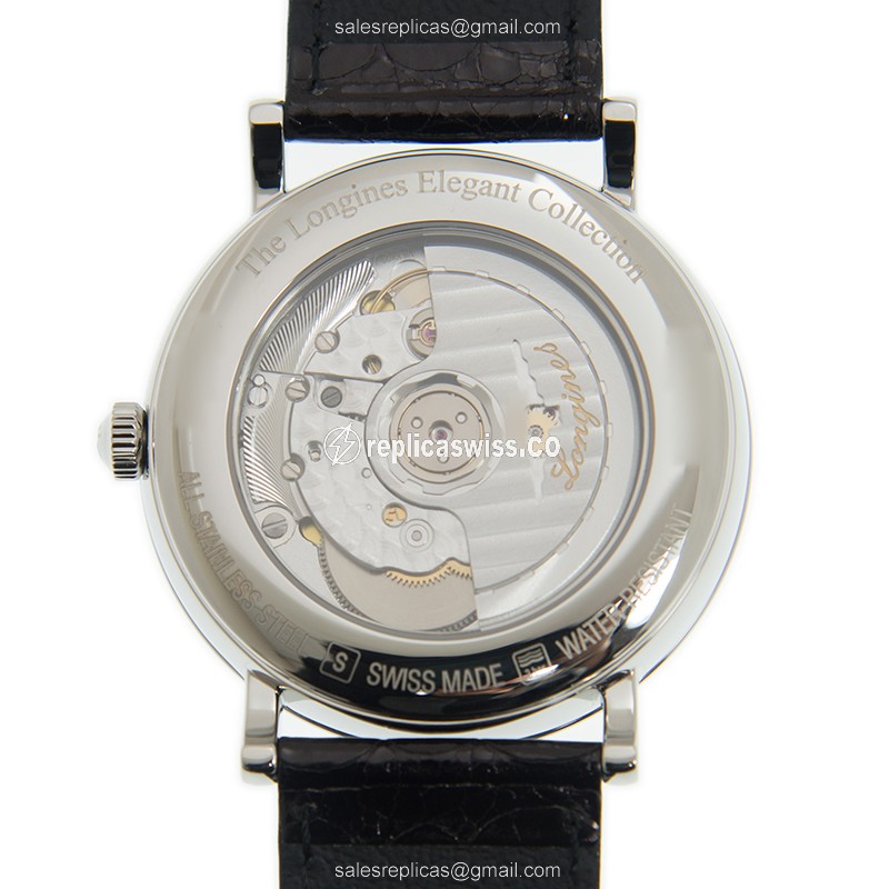 Longines Elegant Replica - Automatic - Stainless Steel - White Dial - Leather Strap - Black Buckle - View 3