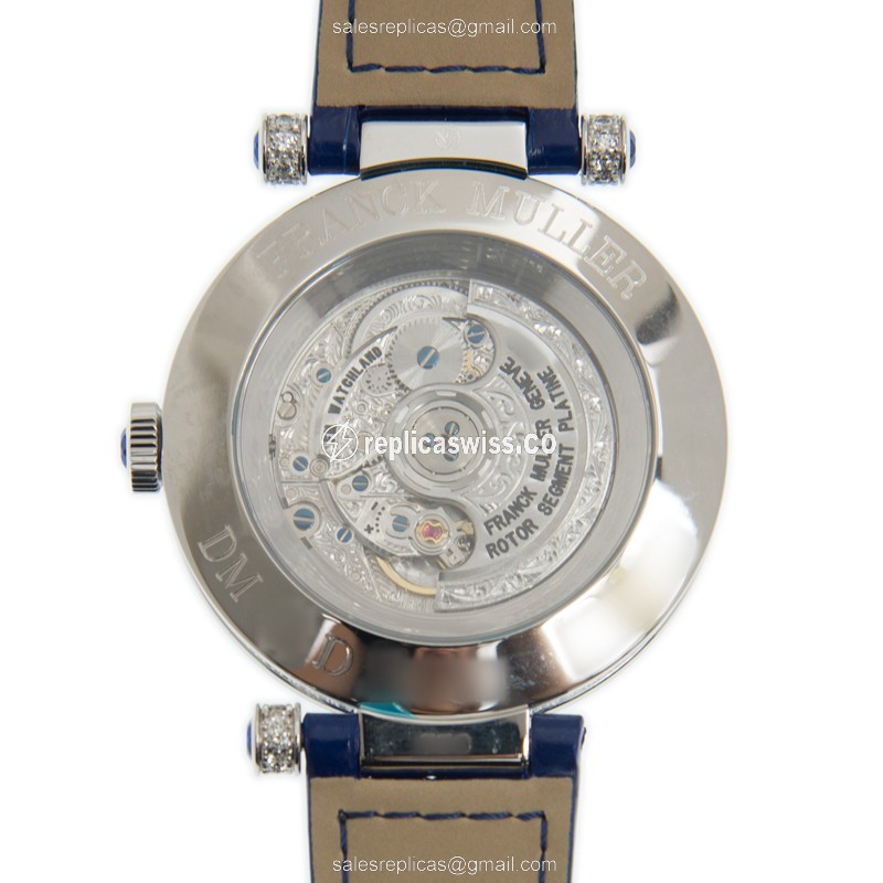 Franck Muller DM42 Replica - Automatic - 18kt White Gold - Blue Alligator - Diamond Silver Dial - View 3