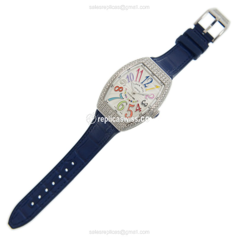 Franck Muller V32QZ D COL DRM - Quartz - Diamond Case - White Dial - Blue Leather Strap - View 2