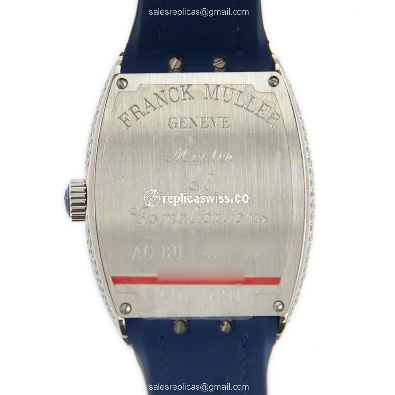 Franck Muller V32QZ D COL DRM - Quartz - Diamond Case - White Dial - Blue Leather Strap - View 3