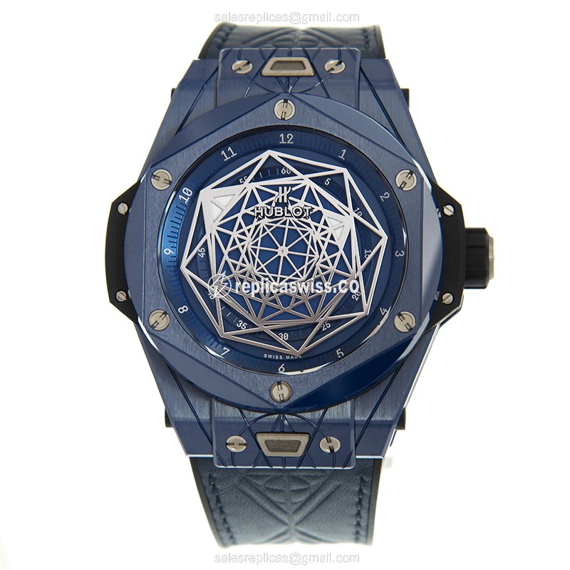 Hublot Big Bang Replica - Automatic - Blue Ceramic - Steel Case - Blue Leather Strap - View 2