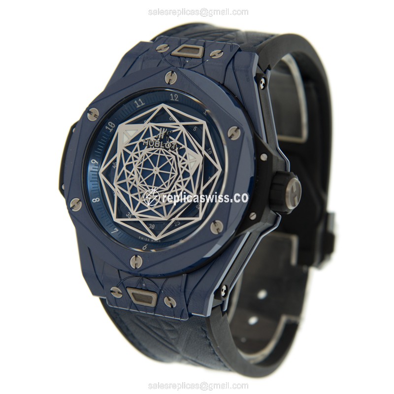 Hublot Big Bang Replica - Automatic - Blue Ceramic - Steel Case - Blue Leather Strap - View 3
