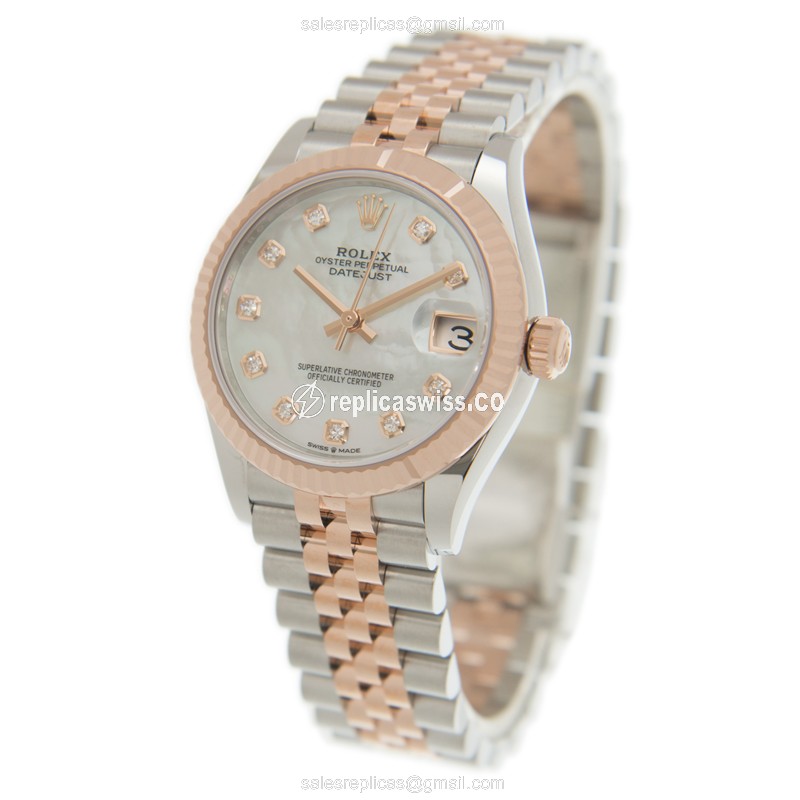 Rolex Datejust Replica: Automatic, 18kt Rose Gold/Steel, White Dial, Gold Clasp, 18kt Steel Strap - View 3