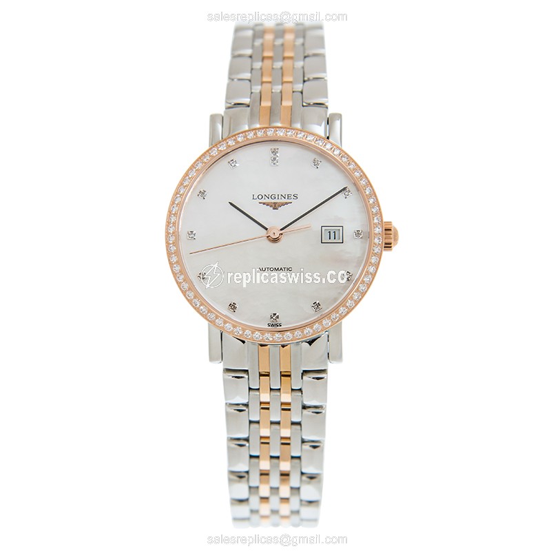 Longines L4.310.5.88.7 Replica - Automatic - 18kt Rose Gold - White Dial, Diamond Clasp & Gold Steel Strap - View 2