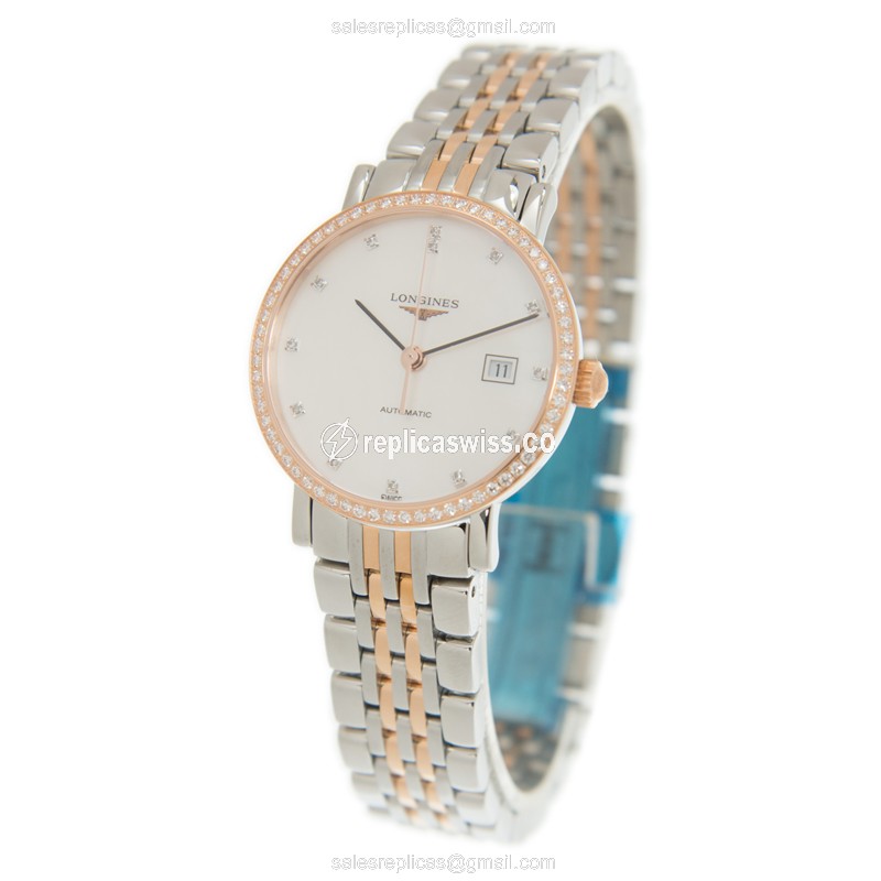 Longines L4.310.5.88.7 Replica - Automatic - 18kt Rose Gold - White Dial, Diamond Clasp & Gold Steel Strap - View 3