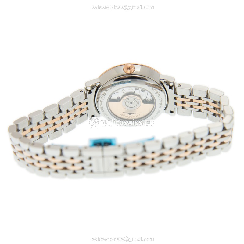 Longines L4.310.5.88.7 Replica - Automatic - 18kt Rose Gold - White Dial, Diamond Clasp & Gold Steel Strap - View 4