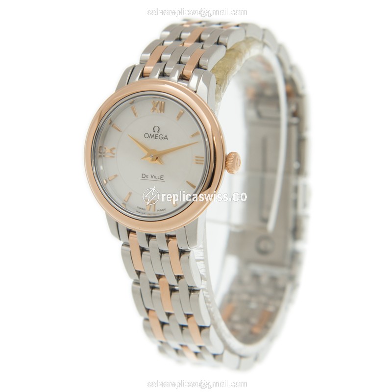 Omega DE VILLE Replica - Quartz - 18kt Rose Gold & Steel Case - White Dial - Gold Strap - View 3