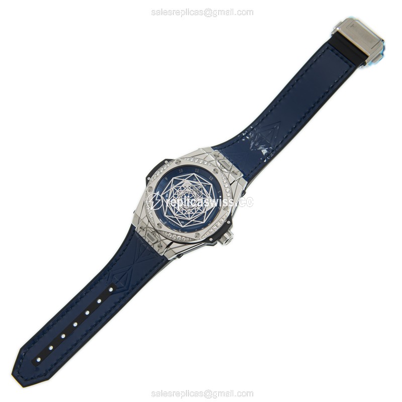 Hublot BIG BANG Replica - Automatic - Diamond Case - Blue Dial - Leather Strap - View 2