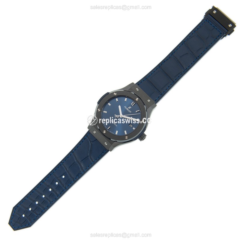 Hublot Classic Fusion Replica - Automatic - Steel Case - Blue Dial - Leather Strap - View 2