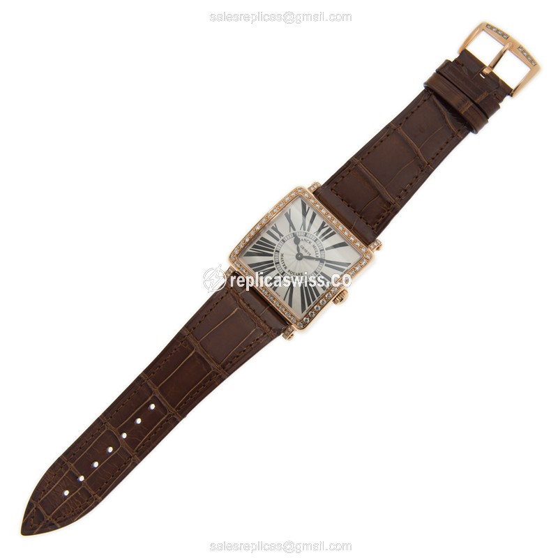 Franck Muller Master Square Quartz 18kt Rose Gold - Diamonds - Silver Dial - Brown Alligator Buckle - View 2
