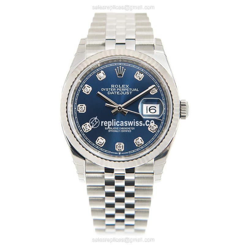 Rolex Datejust Replica - Automatic - White Gold - Blue Dial - Steel Clasp & Silver Strap - View 2