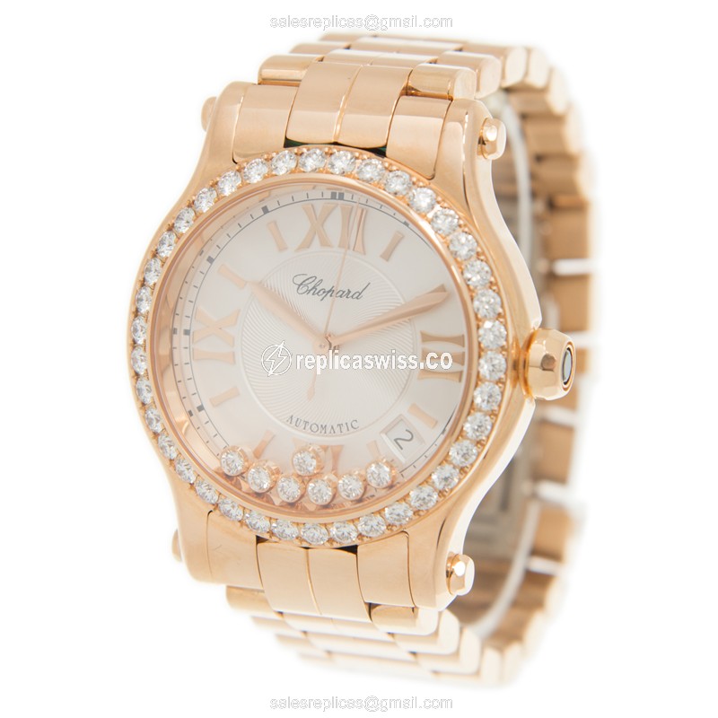 Chopard Happy Sport Replica - Automatic - Rose Gold Case & Diamonds - White Dial - View 3