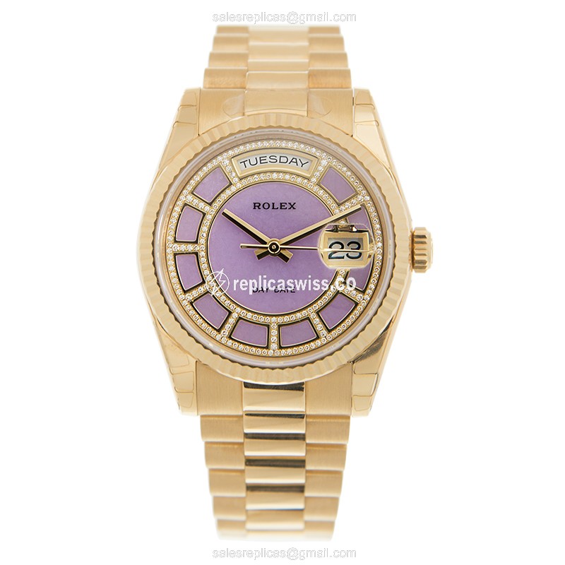 Rolex Day-Date Replica - Automatic, 18kt Yellow Gold - Purple Dial, Gold Clasp & Strap - View 2