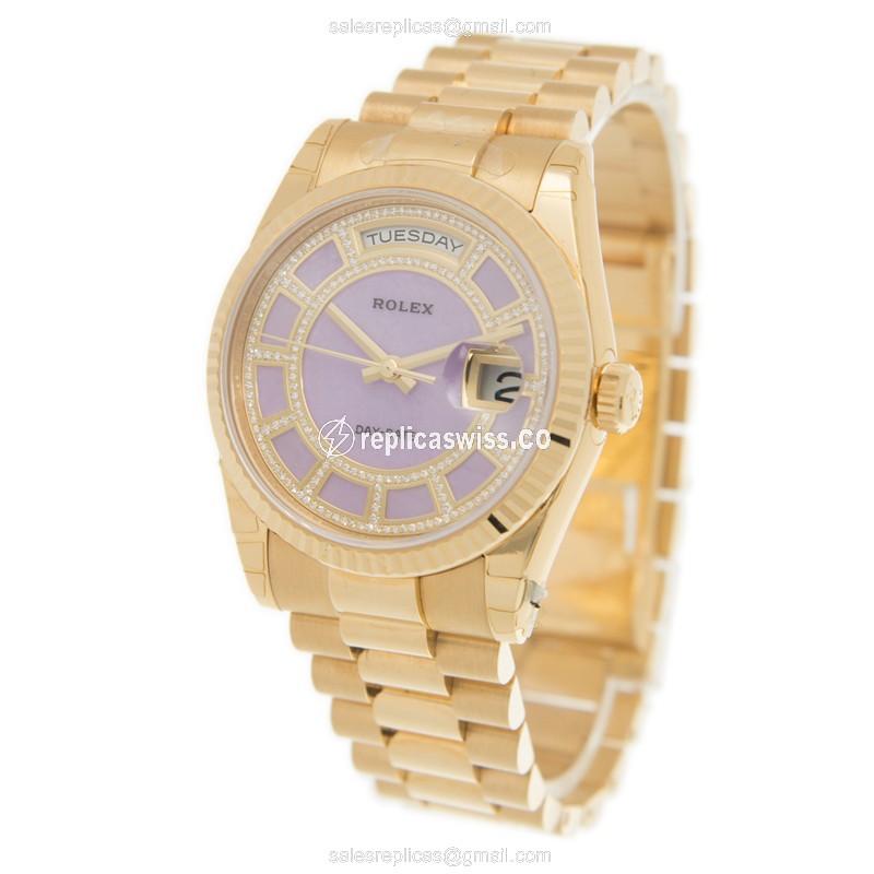 Rolex Day-Date Replica - Automatic, 18kt Yellow Gold - Purple Dial, Gold Clasp & Strap - View 3