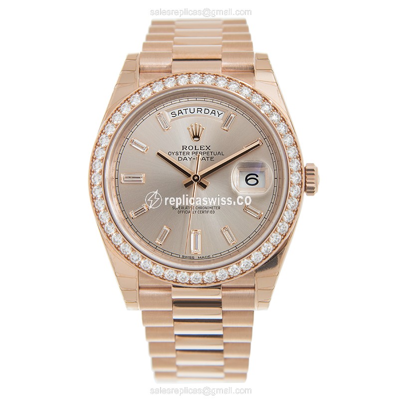 Rolex DAY-DATE Replica - 18kt Rose Gold & Diamond - Automatic - Pink Dial - View 2