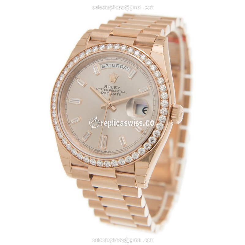 Rolex DAY-DATE Replica - 18kt Rose Gold & Diamond - Automatic - Pink Dial - View 3