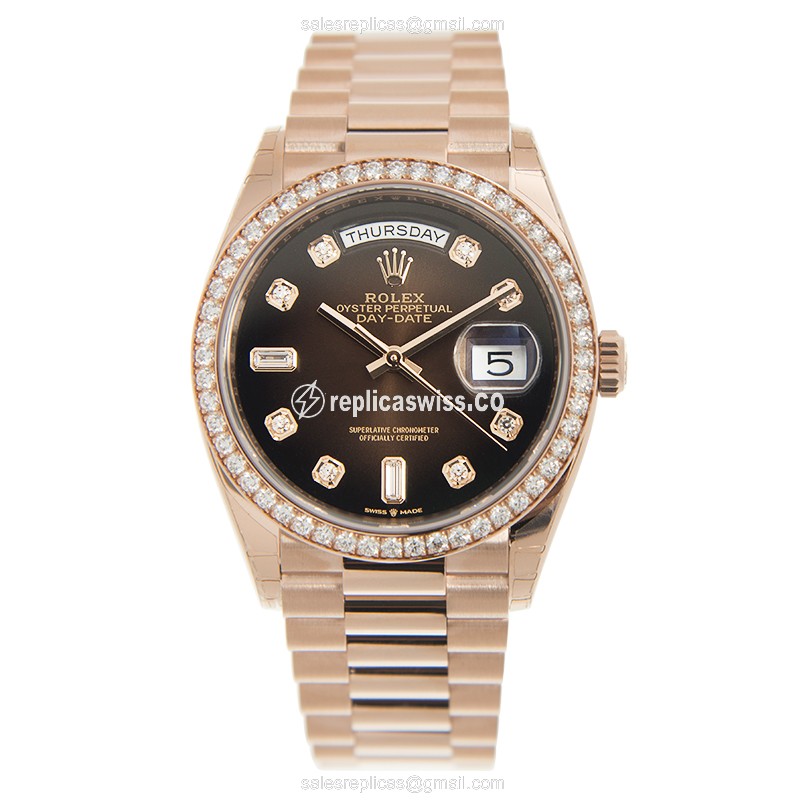 Rolex DAY-DATE Replica | Automatic | 18kt Rose Gold Case | Diamonds on Brown Dial - View 2