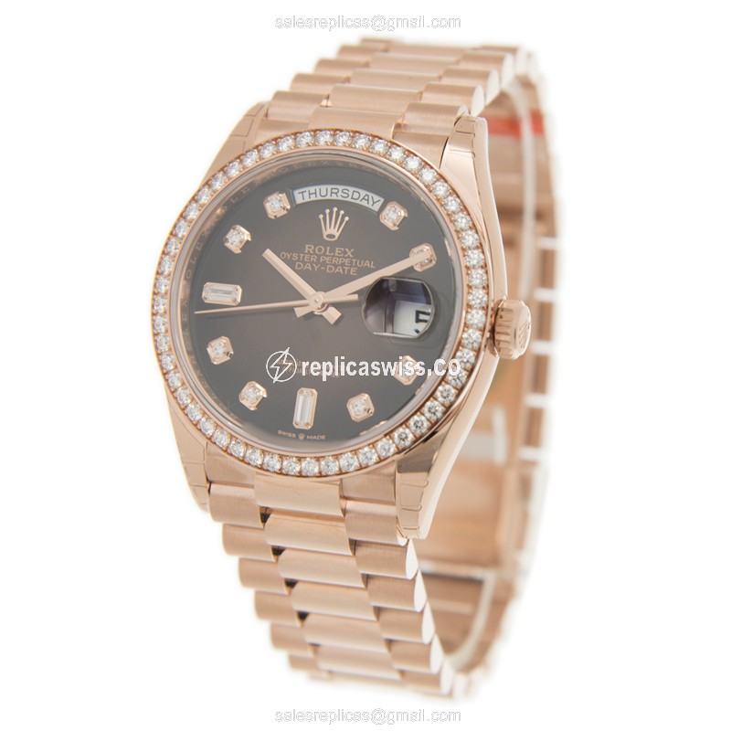 Rolex DAY-DATE Replica | Automatic | 18kt Rose Gold Case | Diamonds on Brown Dial - View 3