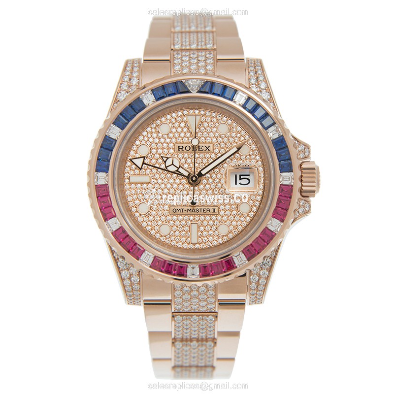 Rolex GMT-MASTER II Replica - Automatic - Rose Gold Case - Diamond Bezel - View 2