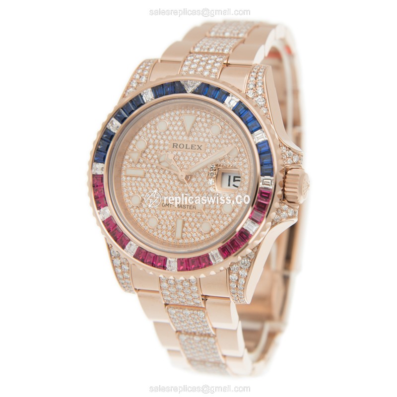 Rolex GMT-MASTER II Replica - Automatic - Rose Gold Case - Diamond Bezel - View 3