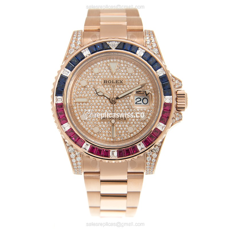 Rolex GMT-MASTER II Replica - Automatic - Rose Gold Case - Black Dial on Gold Strap - View 2