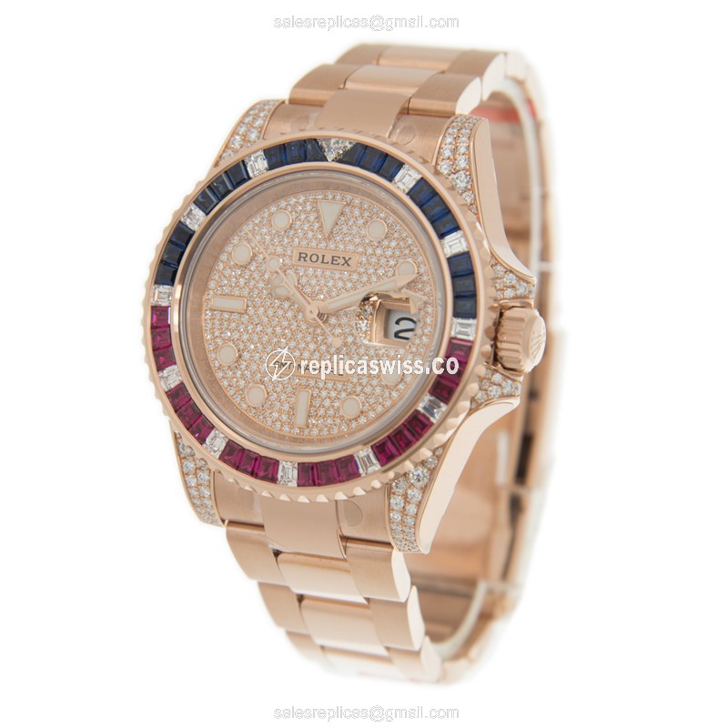 Rolex GMT-MASTER II Replica - Automatic - Rose Gold Case - Black Dial on Gold Strap - View 3