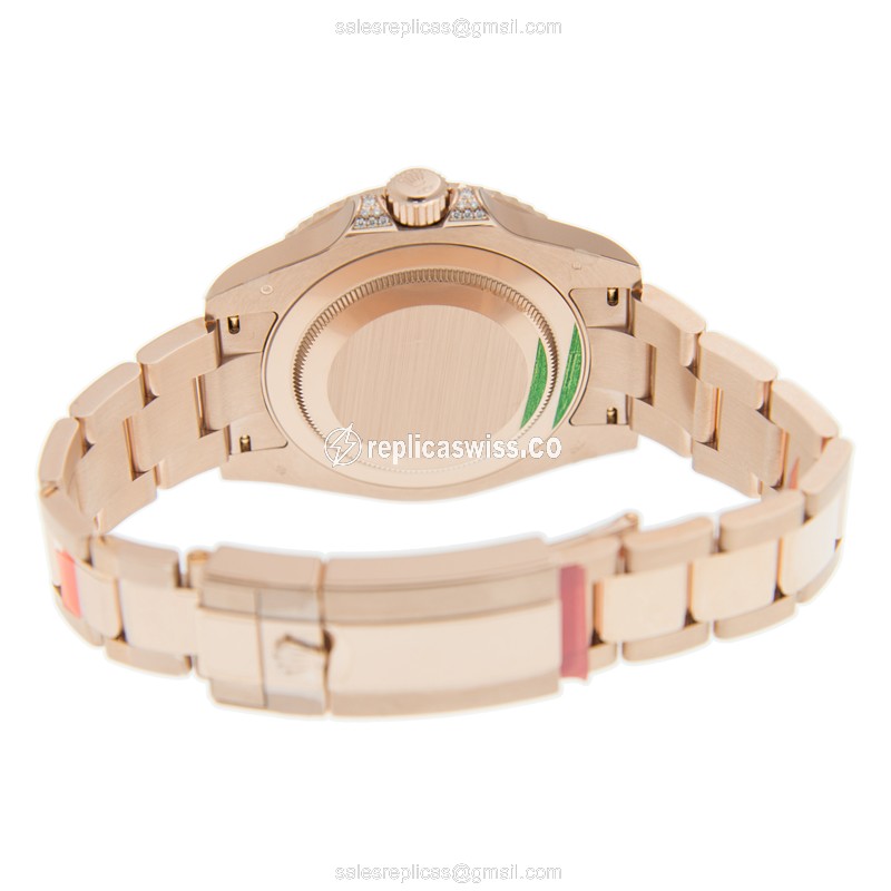Rolex GMT-MASTER II Replica - Automatic - Rose Gold Case - Black Dial on Gold Strap - View 4