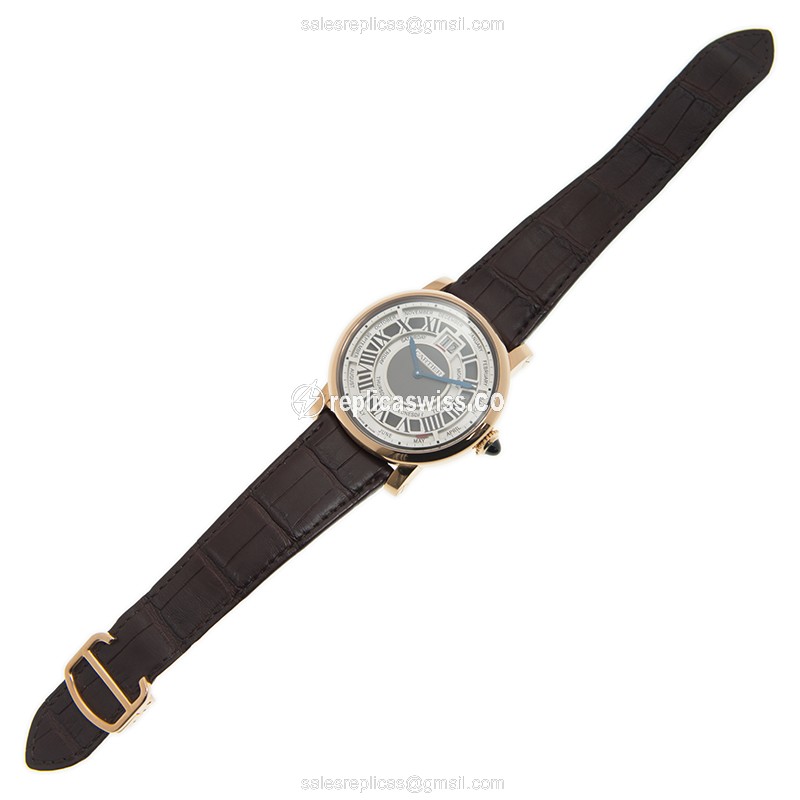 Cartier Rotonde Replica - Auto - 18kt Rose Gold - Silver Dial - Brown Alligator - View 2