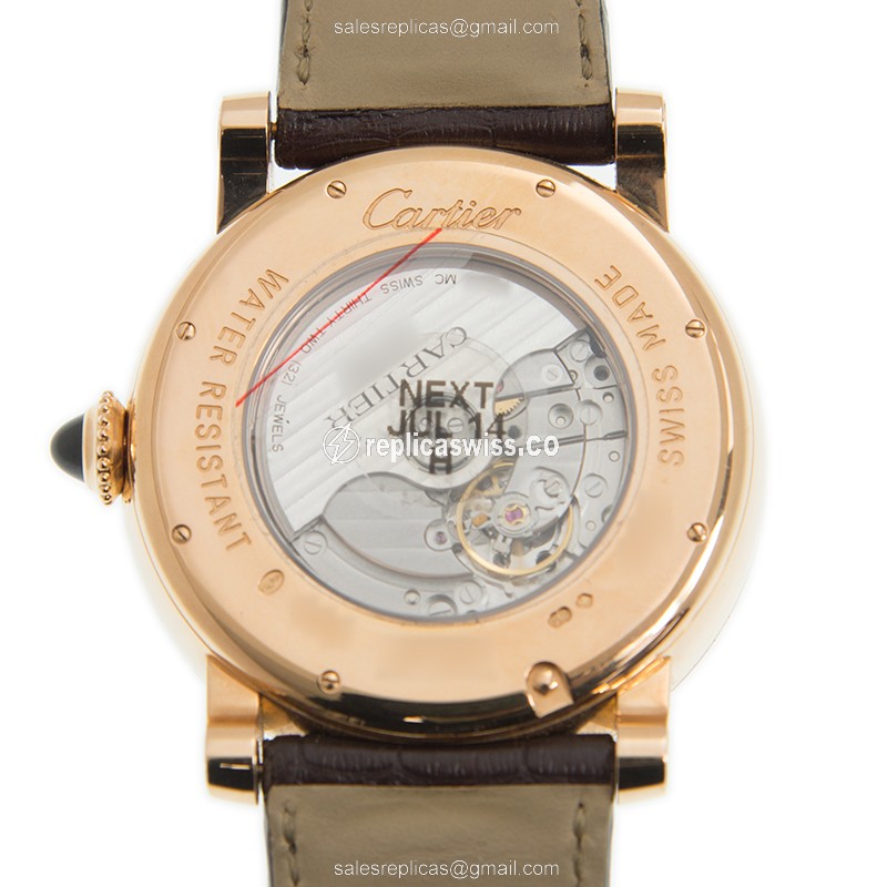 Cartier Rotonde Replica - Auto - 18kt Rose Gold - Silver Dial - Brown Alligator - View 3