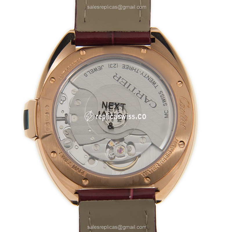 Cartier WJCL0048 Replica - Automatic - 18kt Rose Gold Case - Diamond Bezel - White Dial - Leather Red Strap - View 3