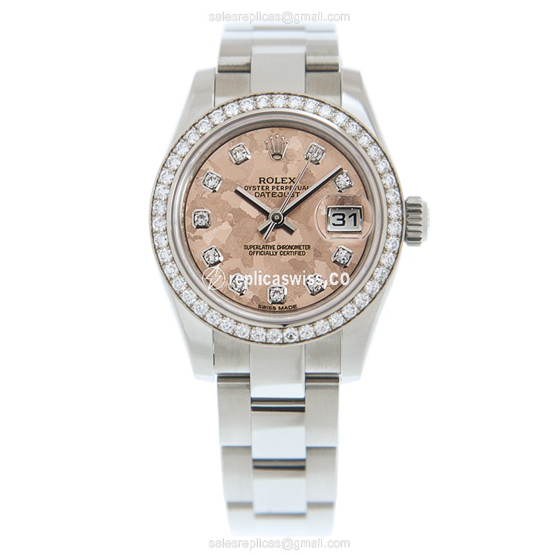 Rolex Lady Datejust Replica - Automatic - White Gold - Pink Dial - Steel Case & Strap - View 2