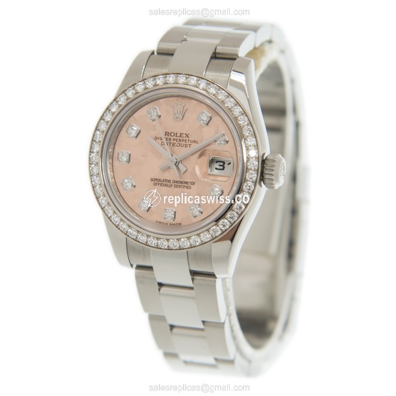 Rolex Lady Datejust Replica - Automatic - White Gold - Pink Dial - Steel Case & Strap - View 3