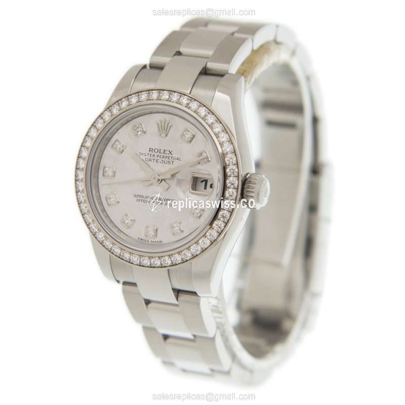 Rolex Lady Datejust Replica - Automatic - White Gold & Diamond - Steel Case - View 3
