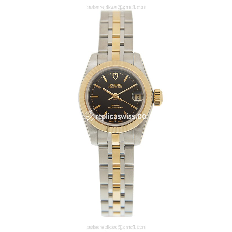 Automatic Tudor Princess Date - 18kt Gold & Steel - Black Dial, Gold Strap - View 2