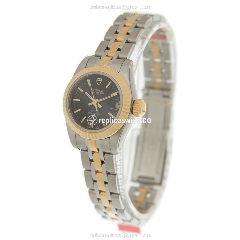 Automatic Tudor Princess Date - 18kt Gold & Steel - Black Dial, Gold Strap - View 3