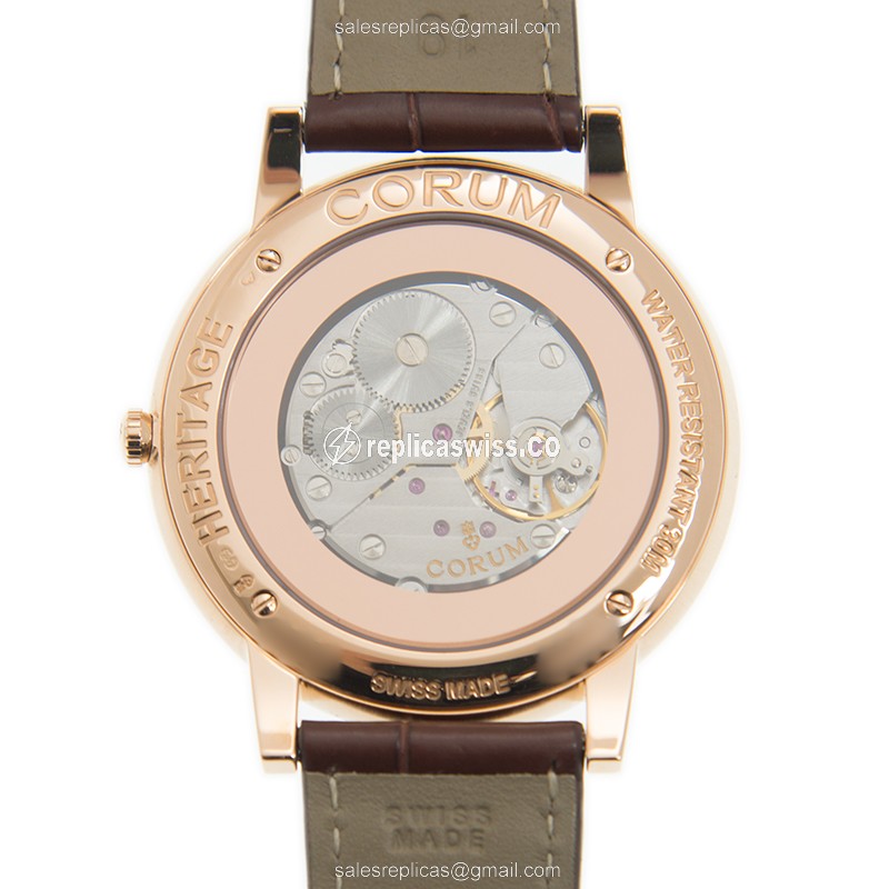 Corum Heritage 157.100.55/0002 - Auto 18kt Rose Gold - White Dial Brown Leather Buckle - View 3
