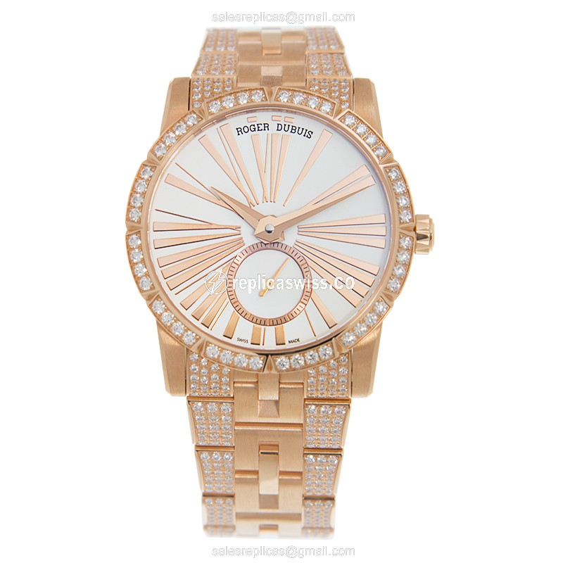 Roger Dubuis RDDBEX0381 Replica - Automatic - 18kt Rose Gold Case - White Dial - Gold Strap - View 2
