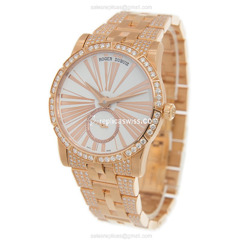 Roger Dubuis RDDBEX0381 Replica - Automatic - 18kt Rose Gold Case - White Dial - Gold Strap - View 3