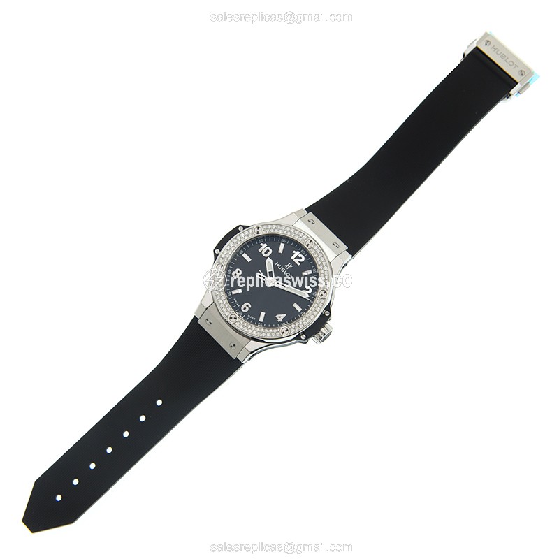 Hublot BIG BANG Quartz - Stainless Steel Case & Diamonds - Black Dial - Rubber Strap - Buckle Clasp - View 2