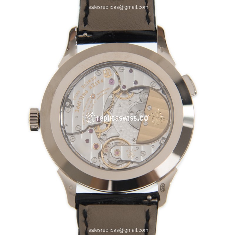Patek Philippe 5230G-014 Replica - Automatic - 18kt Gold - White Dial - Black Leather Strap - View 3