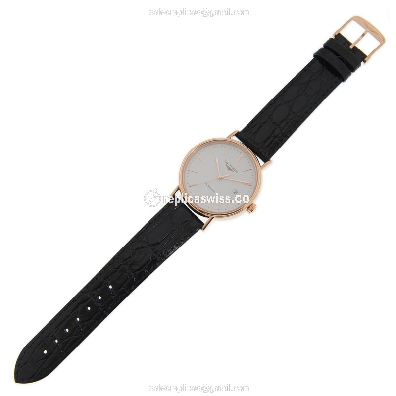 Longines Presence Replica - Automatic - 18kt Rose Gold - White Dial, Leather Strap - View 2